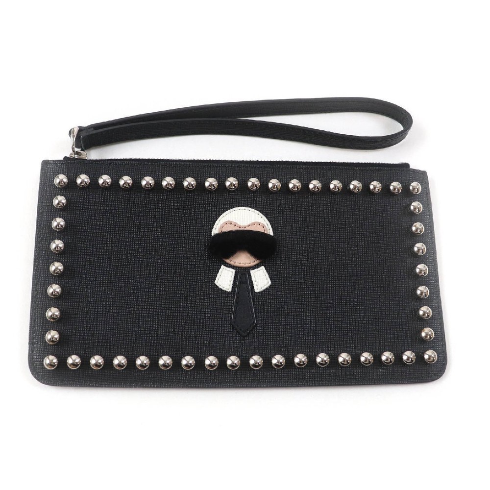 Fendi Carlito black studded leather pouch with Karl Lagerfeld motif made in Italy