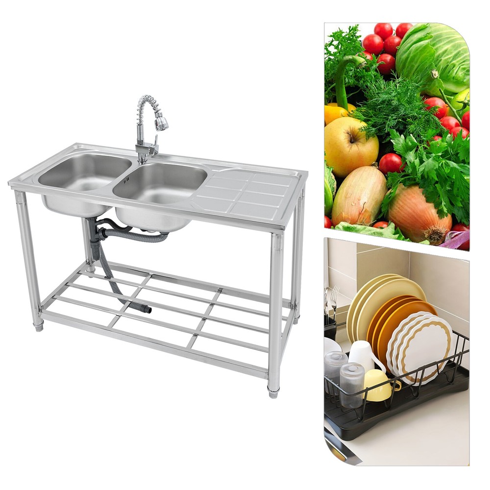 Stainless Steel Double Bowl Kitchen Sink with Pull Out Faucet 120x50x80cm-image