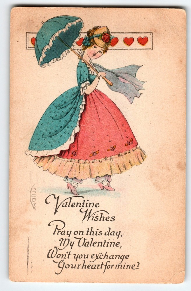 Vintage 1926 Valentine Postcard Woman in Old-Fashioned Dress with Umbrella Ser 1171