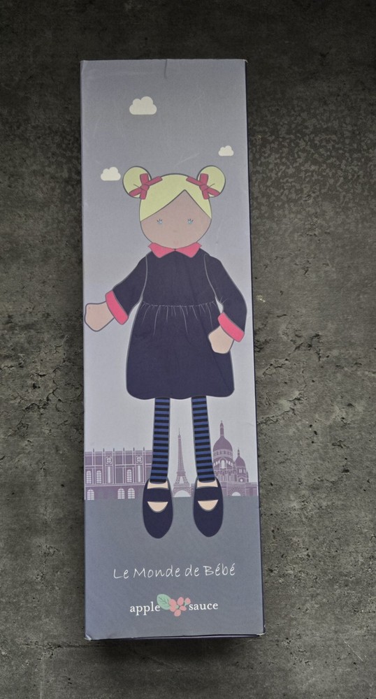 Navy French Baby Doll by Applesauce Soft Plush Rag Doll Lovey Blonde Blue Eyes