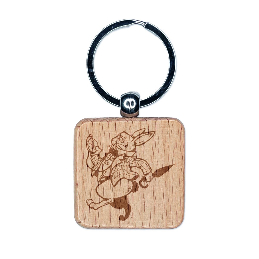 White Rabbit Pocket Watch Wonderland Engraved Wood Square Keychain Tag Charm