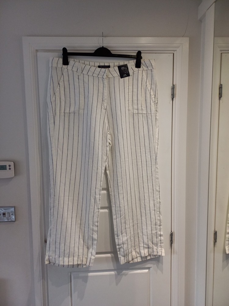M&S Ivory Navy Striped Wide Leg Linen Trousers Size 20 Uk New