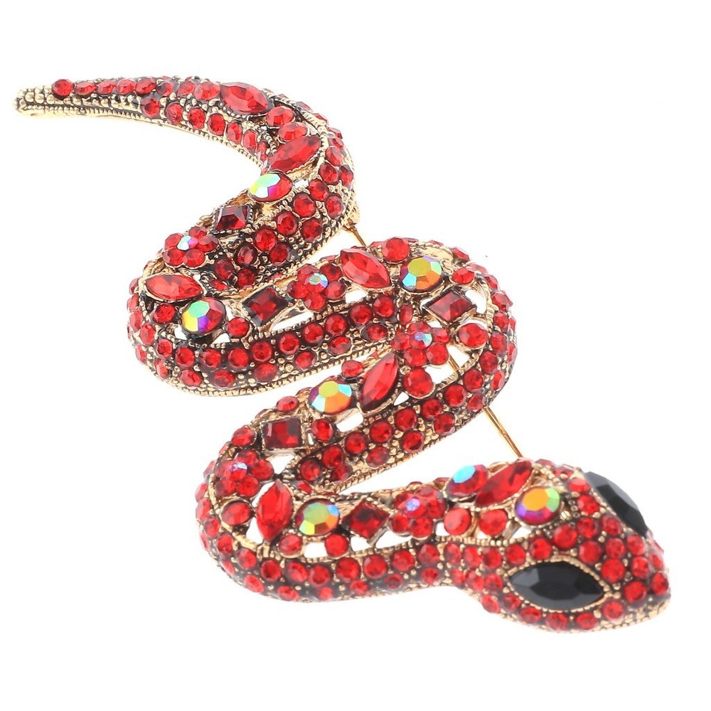 Antique Gold Tone Metal Large Crystal Snake Brooch P1395-RED