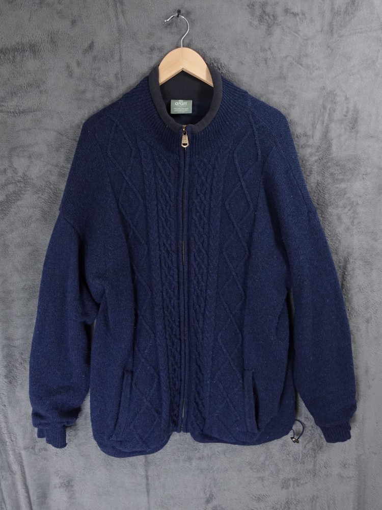 Aran Woollen Mills Jumper Mens XL Blue Navy Jacket 100% Wool Knit Full Zip Cable