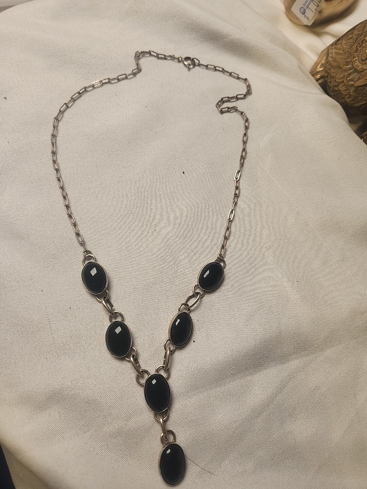 925 Silvertone Chain with Black Onyx Drop Pendant Necklace