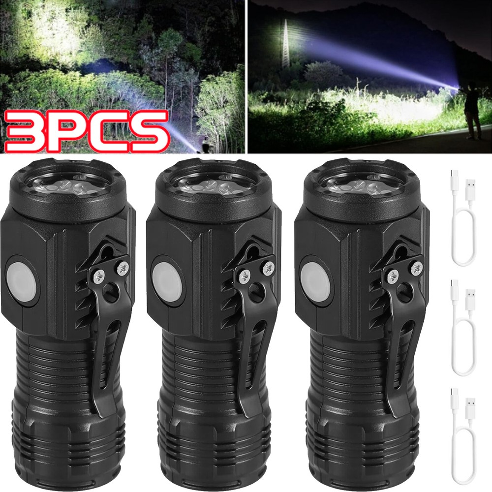 3-PACK Super Bright LED Mini Flashlight USB Rechargeable Pocket Keychain Torch