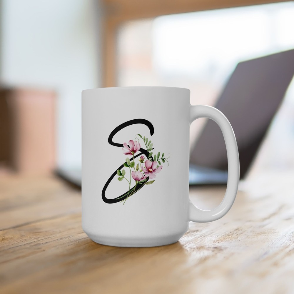 Floramic S Initial Ceramic Mug for Tea Coffee Hot Cocoa Lovers