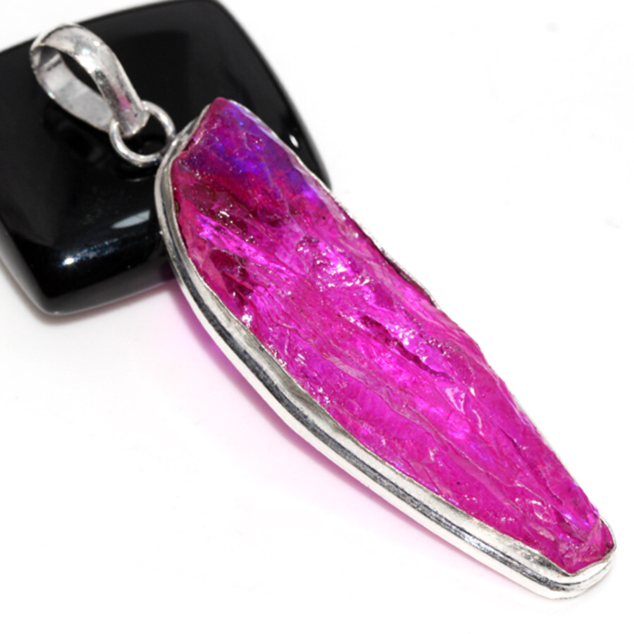 Pink Titanium Aura Quartz 925 Silver Plated Pendant 2.6