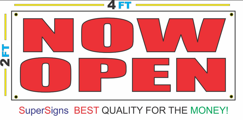 2x4 NOW OPEN Banner Sign all RED Text Lettering Black Outline Business