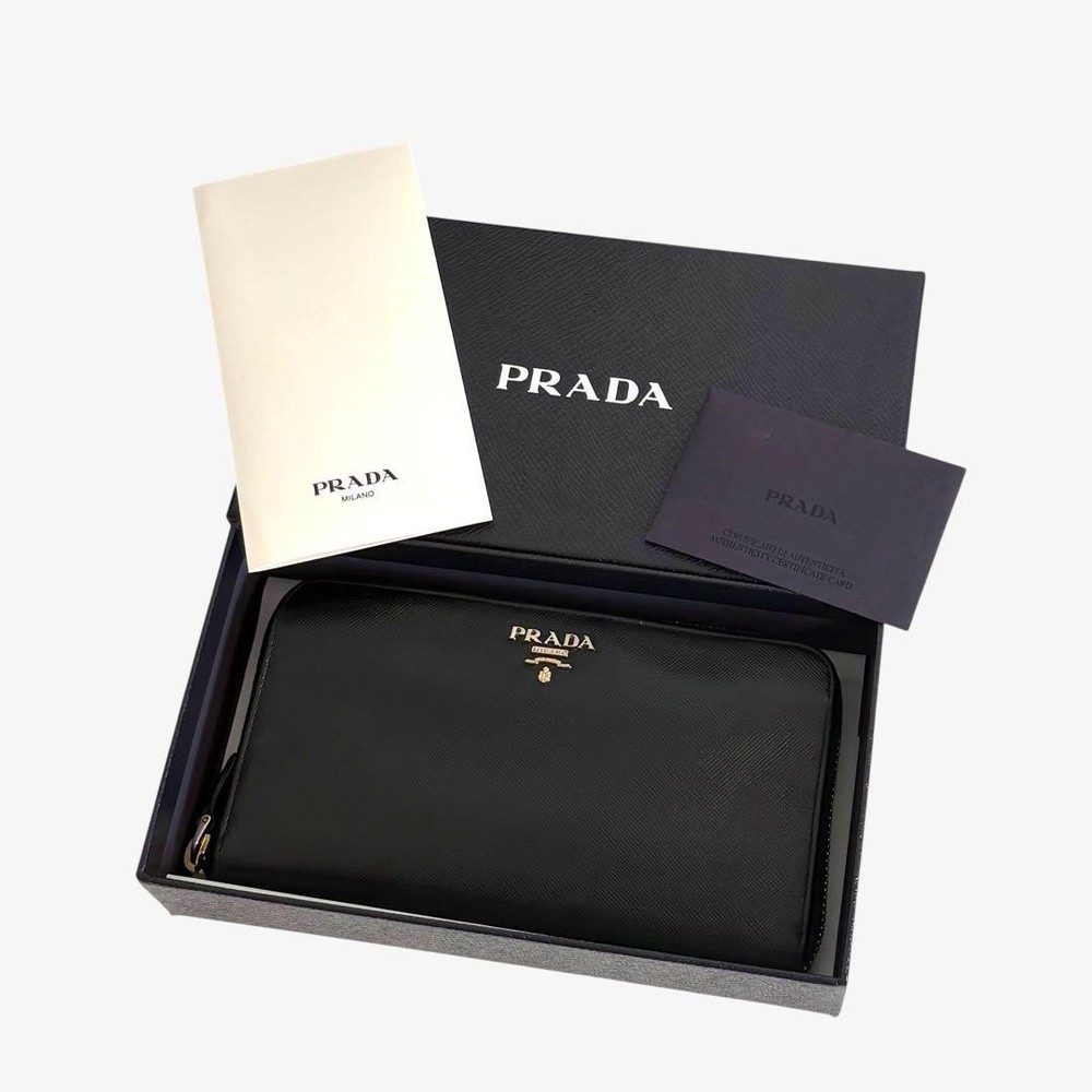 Prada Saffiano Leather Long Wallet with Round Zipper in Black