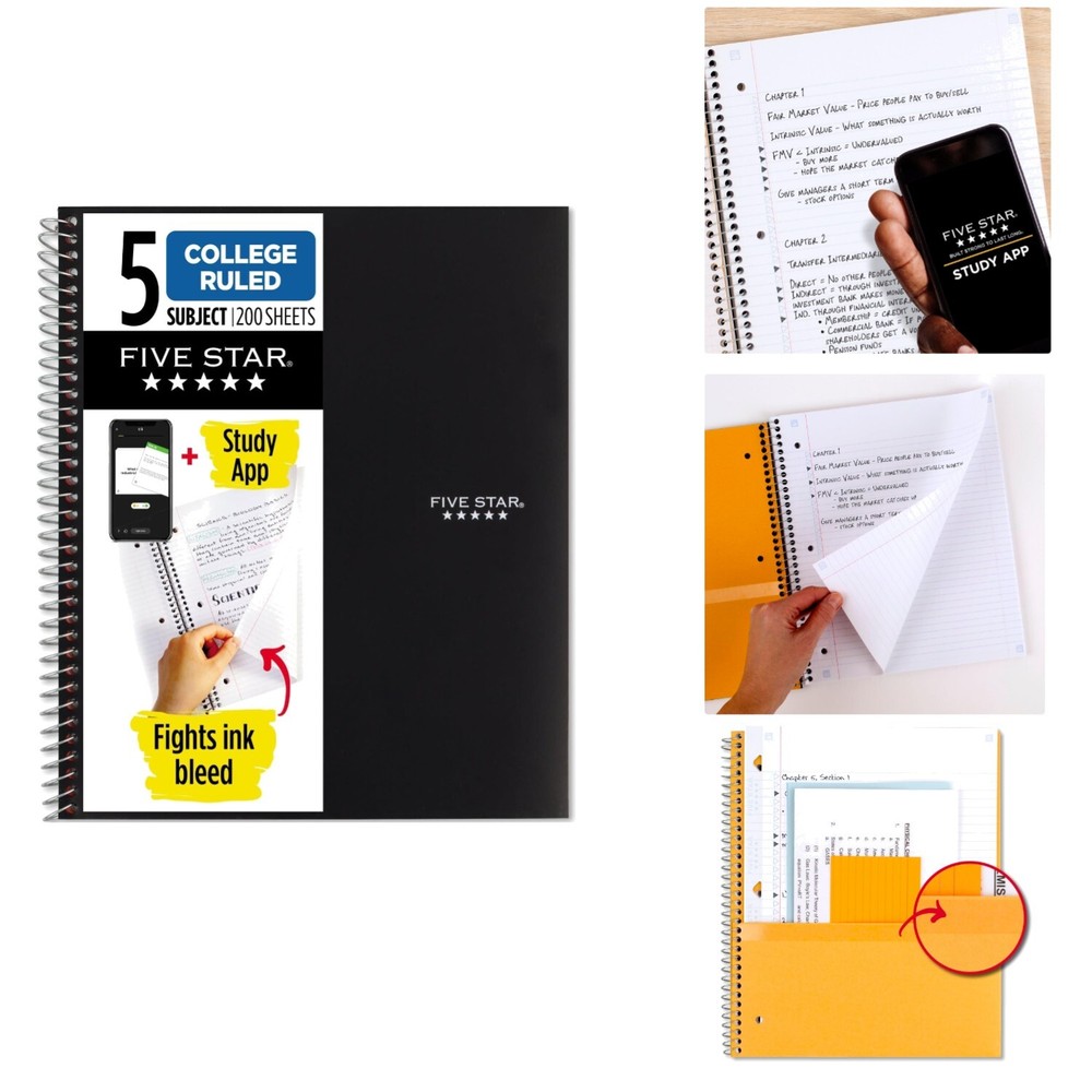 Spiral Notebook + Study App, 5 Subject, College Ruled Paper, 8-1/2