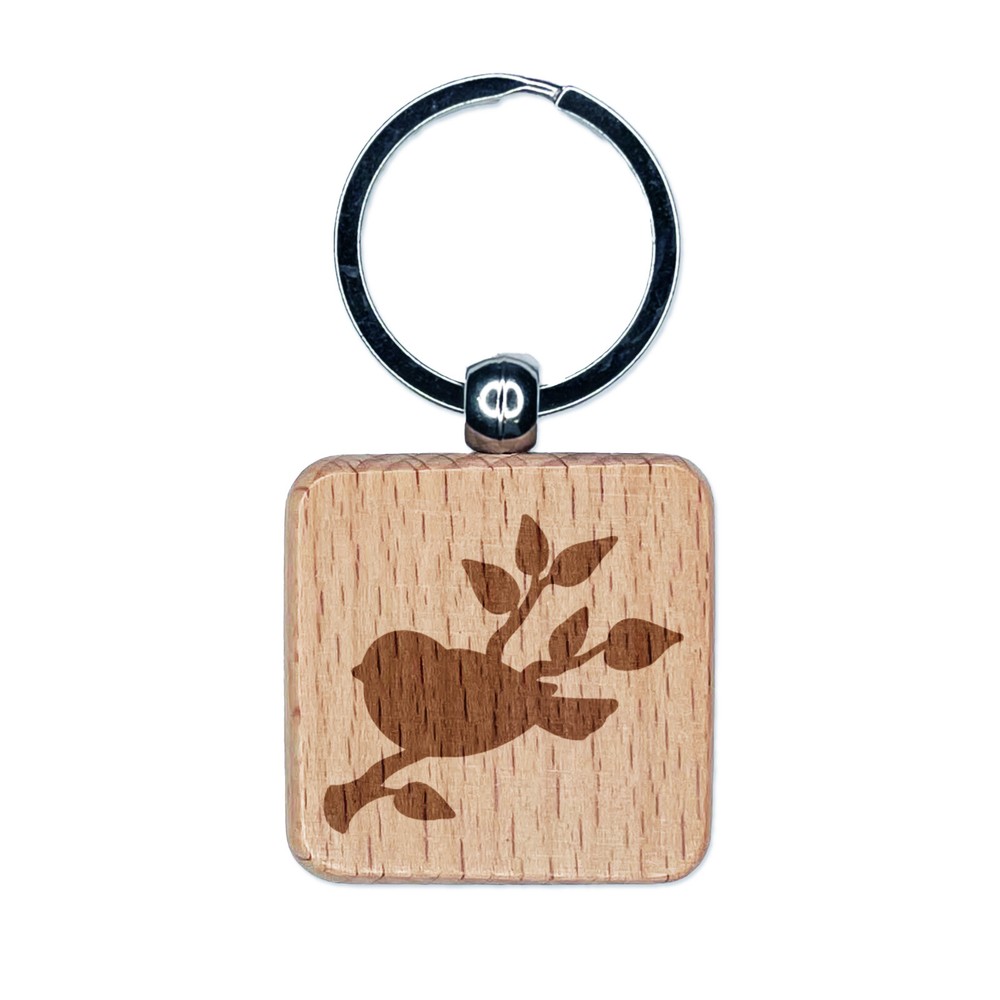 Wooden Keychain with Engraved Bird on Tree Branch  