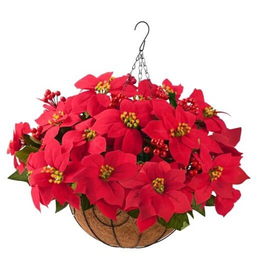 Poinsettia Artificial Fake Christmas Hanging Flowers Plants Basket for Red-m