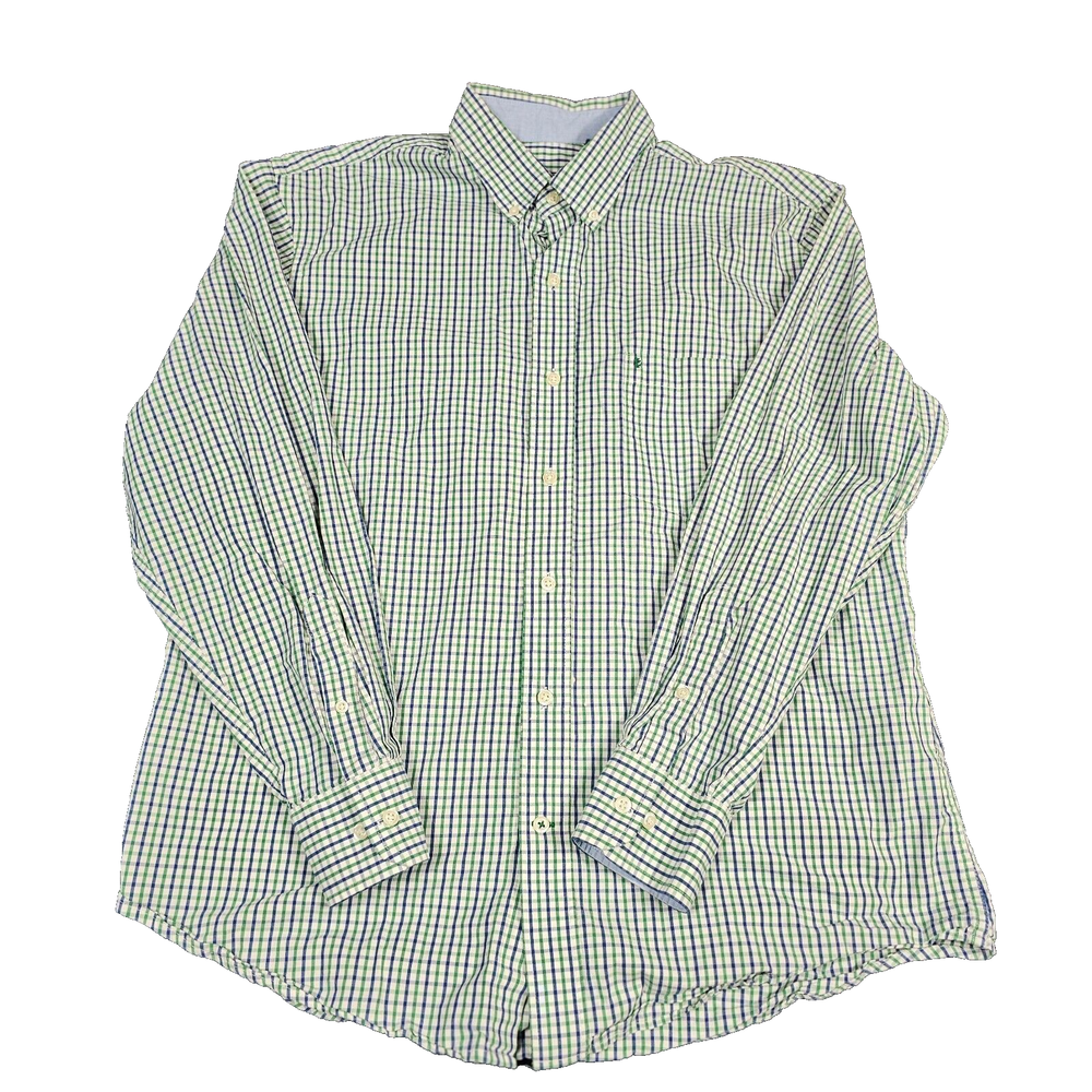 Izod Shirt Men Large Blue/Green Plaid Long Sleeve Regular Fit Collared Button-Up