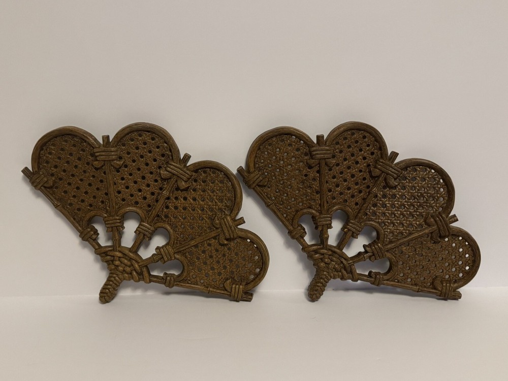 Vintage 1980 Burwood Prod Co. Brown Faux Wicker Fan Wall Plaques Set of 2
