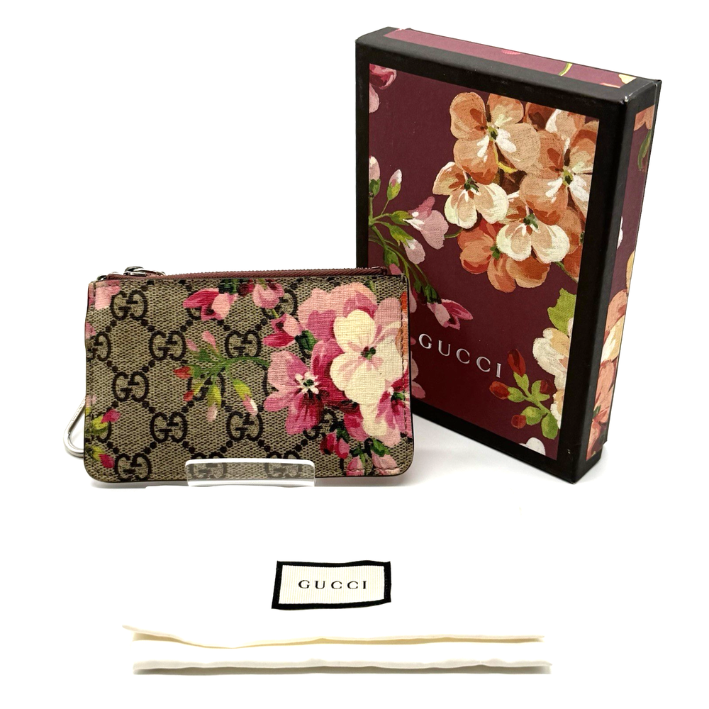 Gucci Blooms Flower Pink GG Supreme PVC Canvas Coin Case Purse Authentic