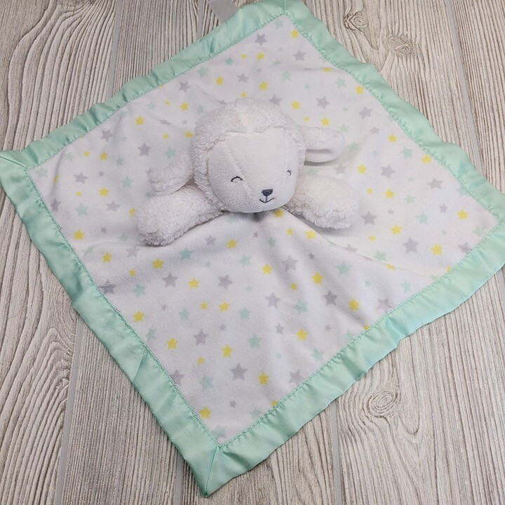 Child of Mine White Lamb Mint Green Lovey Security Blanket Stars Baby Nursery