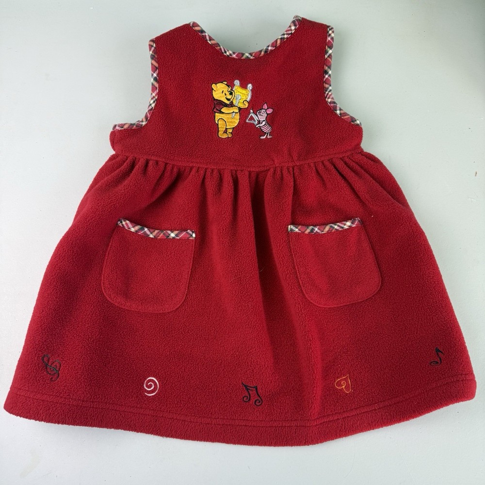 Vintage Disney Store Winnie The Pooh Fleece Jumper Dress 4T Red Embroidered