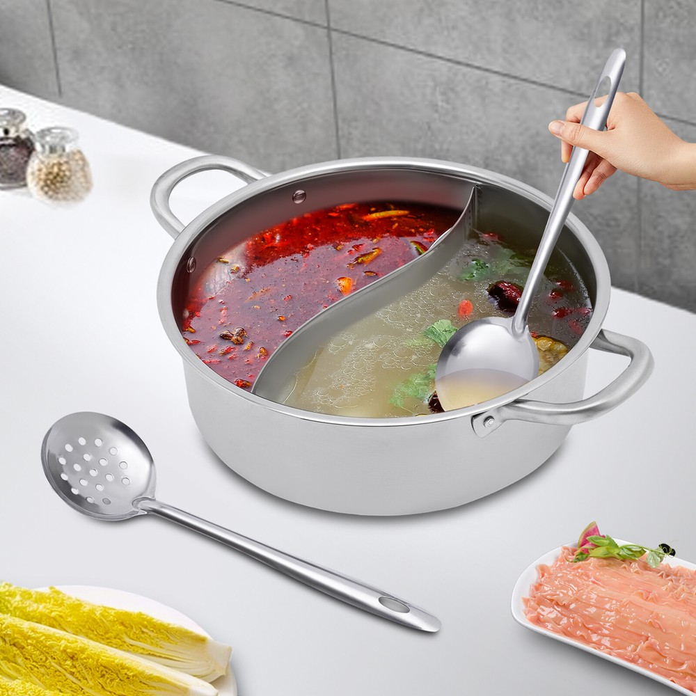 Stainless Steel Dual-Sided Shabu Hot Pot Cookware with Divider and Lid