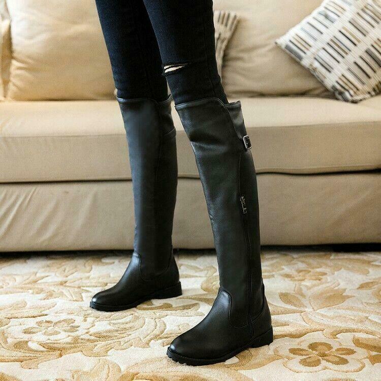Womens Zippers Buckle Strap zipper Motorcycle Knight Riding Knee high Boots Shoe