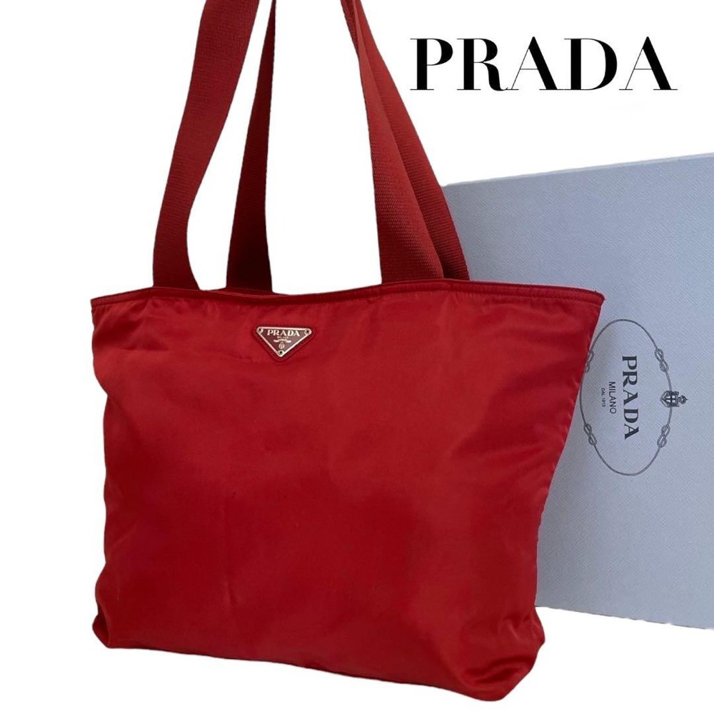 Prada Nylon Tote Bag with Triangle Logo Red Shoulder Strap White Tag 4552 Japan