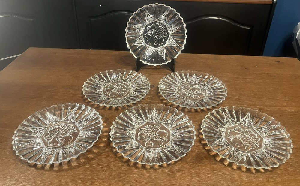 LOT OF 6  Vintage 8 Inch Deep Cut Glass Salad Plate with Fruit Design
