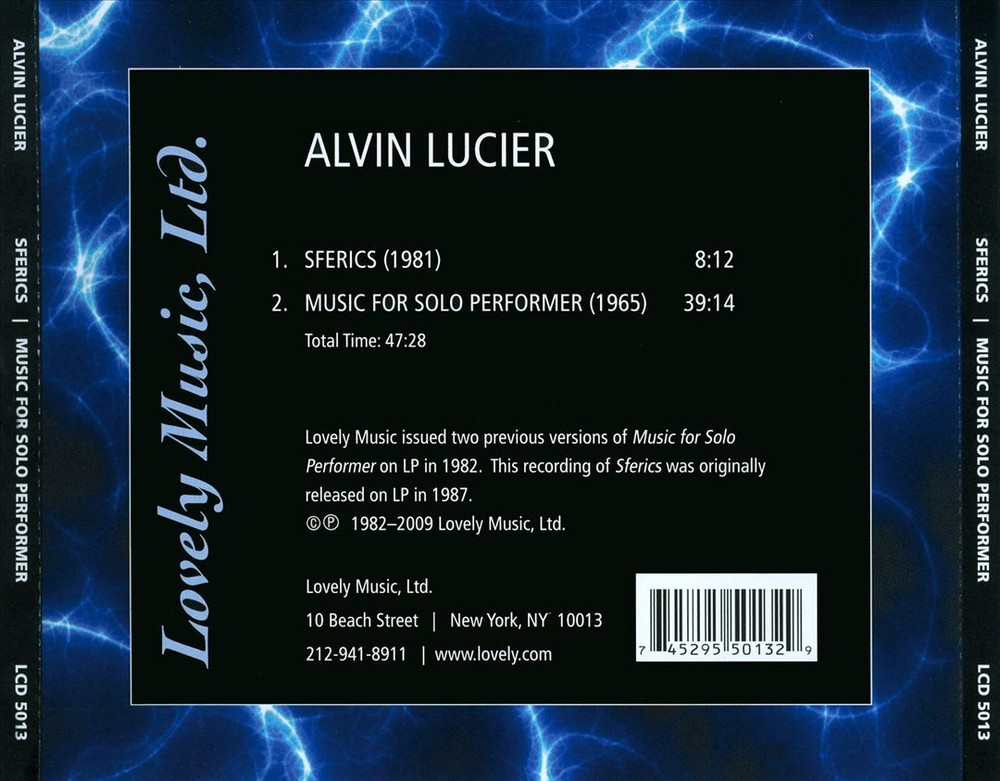 ALVIN LUCIER ALVIN LUCIER: SFERICS; MUSIC FOR SOLO PERFORMER NEW CD