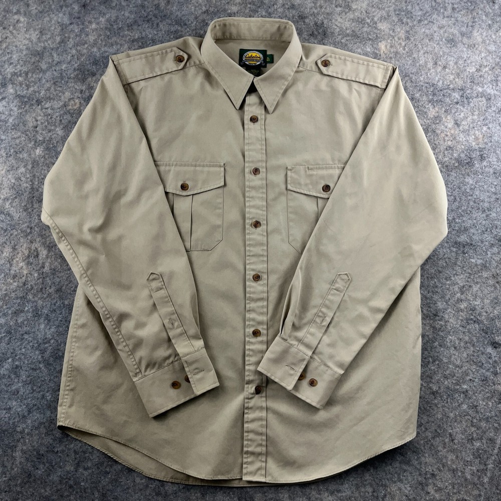 Cabelas Shirt Men's XL Beige Outdoor Gear Pleated Long Sleeve Pockets Button Up