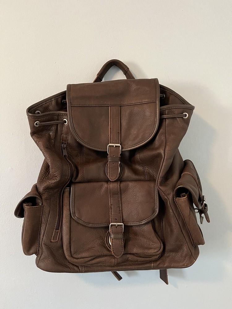 Large Vintage Genuine Brown Leather Drawstring Backpack Rucksack Rugged Bag