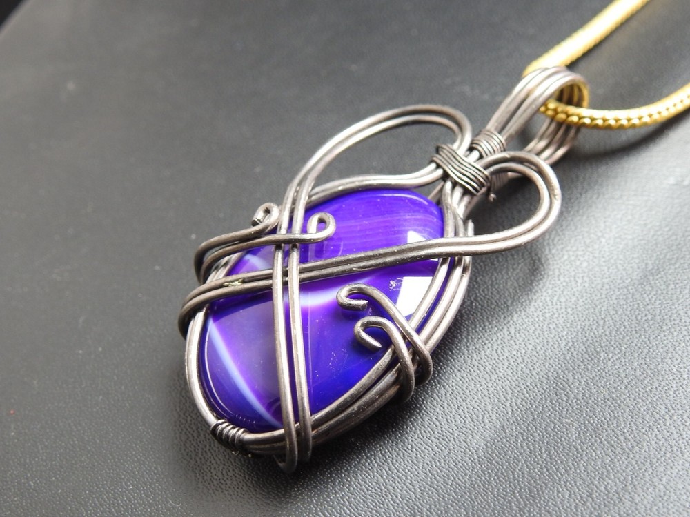 Purple Strip Agate Brass Pendant Silver Oxidised Polished Wire Wrapped Jewelry