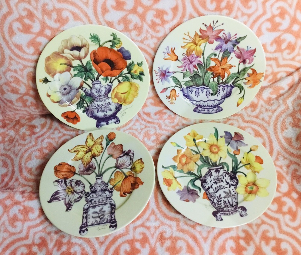 4 email de limoges I Godinger Floral Salad Plates 7.5” Artist Signed 1996 Vtg