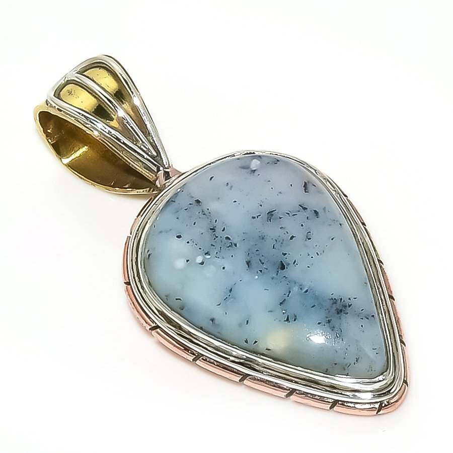 Natural Dendrite Opal TwoTone 925 Solid Sterling Silver Gift Pendant 1.50
