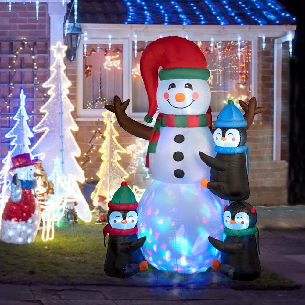 6.3 FT Christmas Inflatable Doll Outdoor Decoration, Snowman with Three Pengu...