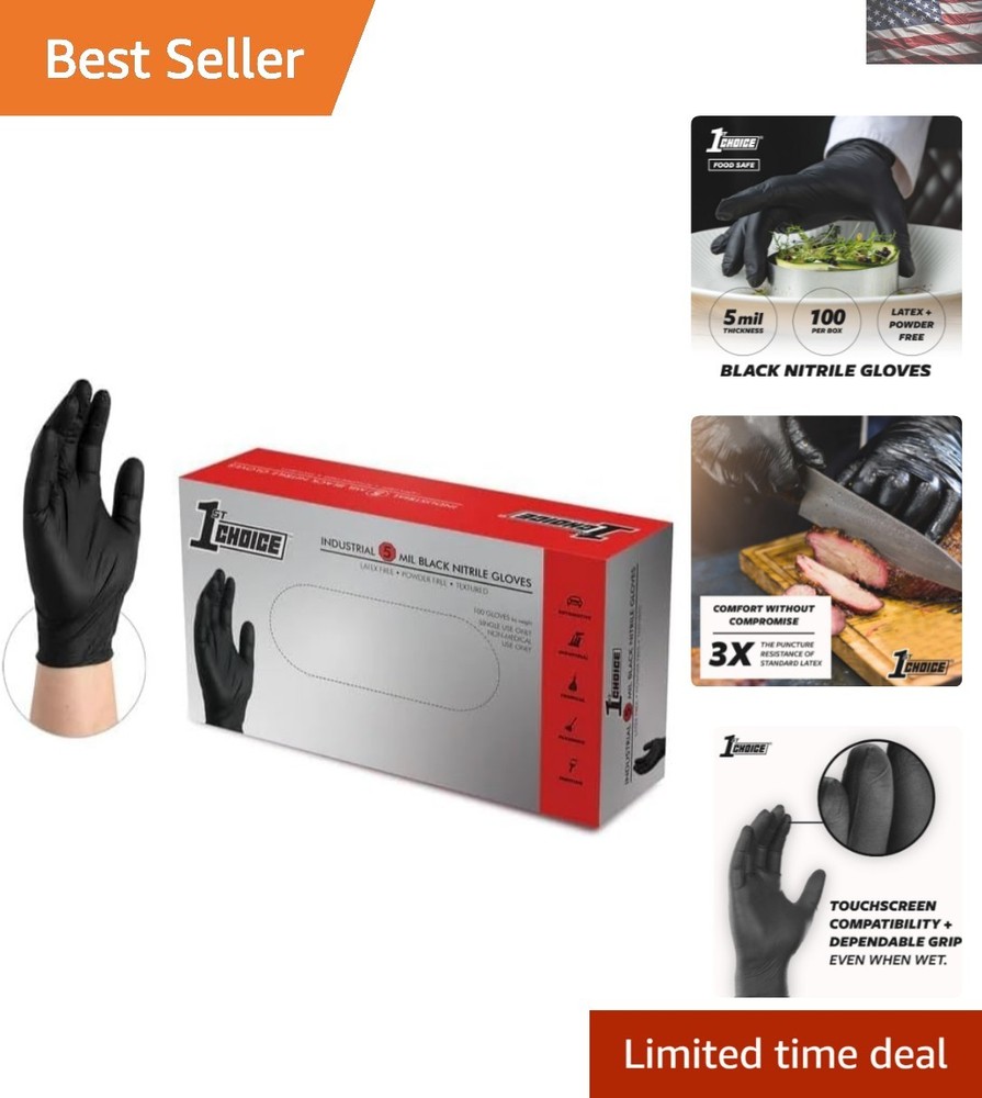 Heavy-Duty 5 Mil Black Nitrile Gloves Latex-Free Industrial Protection