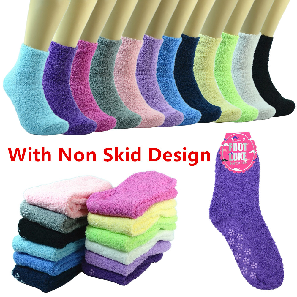 Women 6 Pairs Super Soft Winter Non-Skid Cozy Fuzzy Solid Slipper Socks 9-11