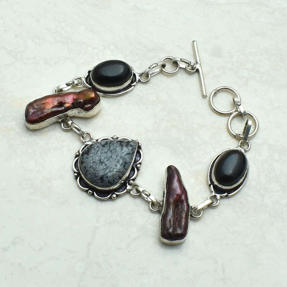 Snowfake Obsidian Black Onyx Gemstone Handmade Bracelet Jewelry 21 Gms AB 68260