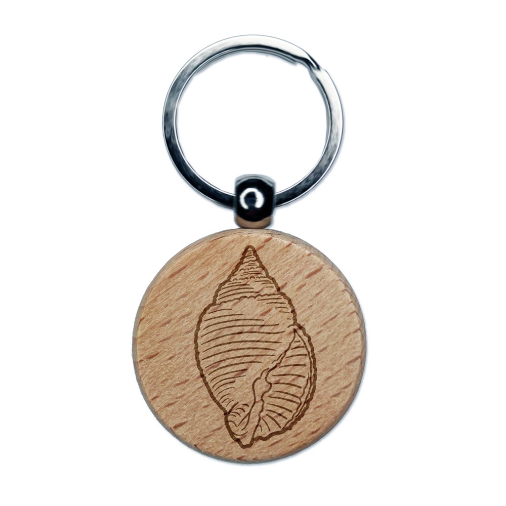 Nutmeg Shell Seashell Beach Engraved Wood Round Keychain Tag Charm