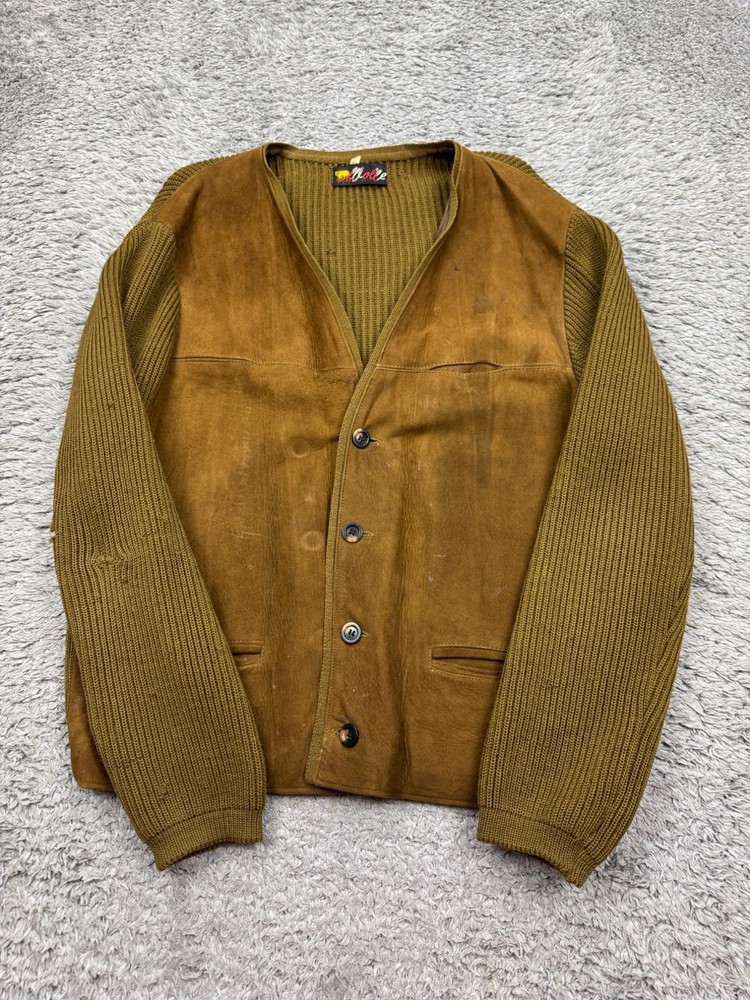 Vtg Wolle Sweater Men 42 EU Large US Olive Green Wool Knit Brown Suede Cardigan
