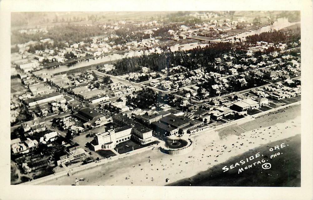1930s Seaside Oregon Aerial View RPPC Postcard 25-9021