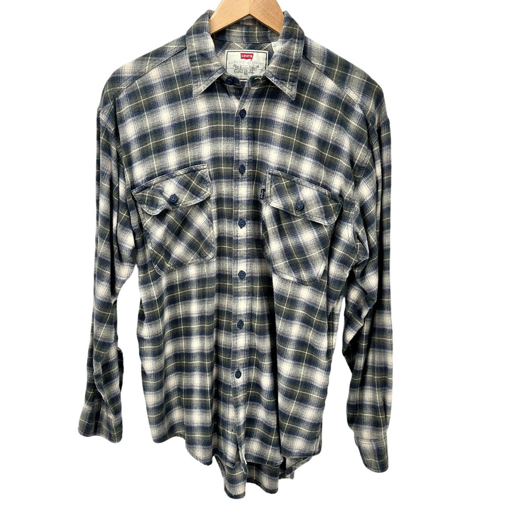Levi's Flannel Shirt Mens Medium Button Up Long Sleeve Green Plaid Vintage