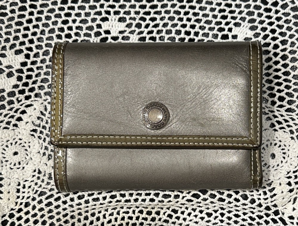 Coach Chelsea Trifold Wallet in Pewter Leather with Sage Patent Trim