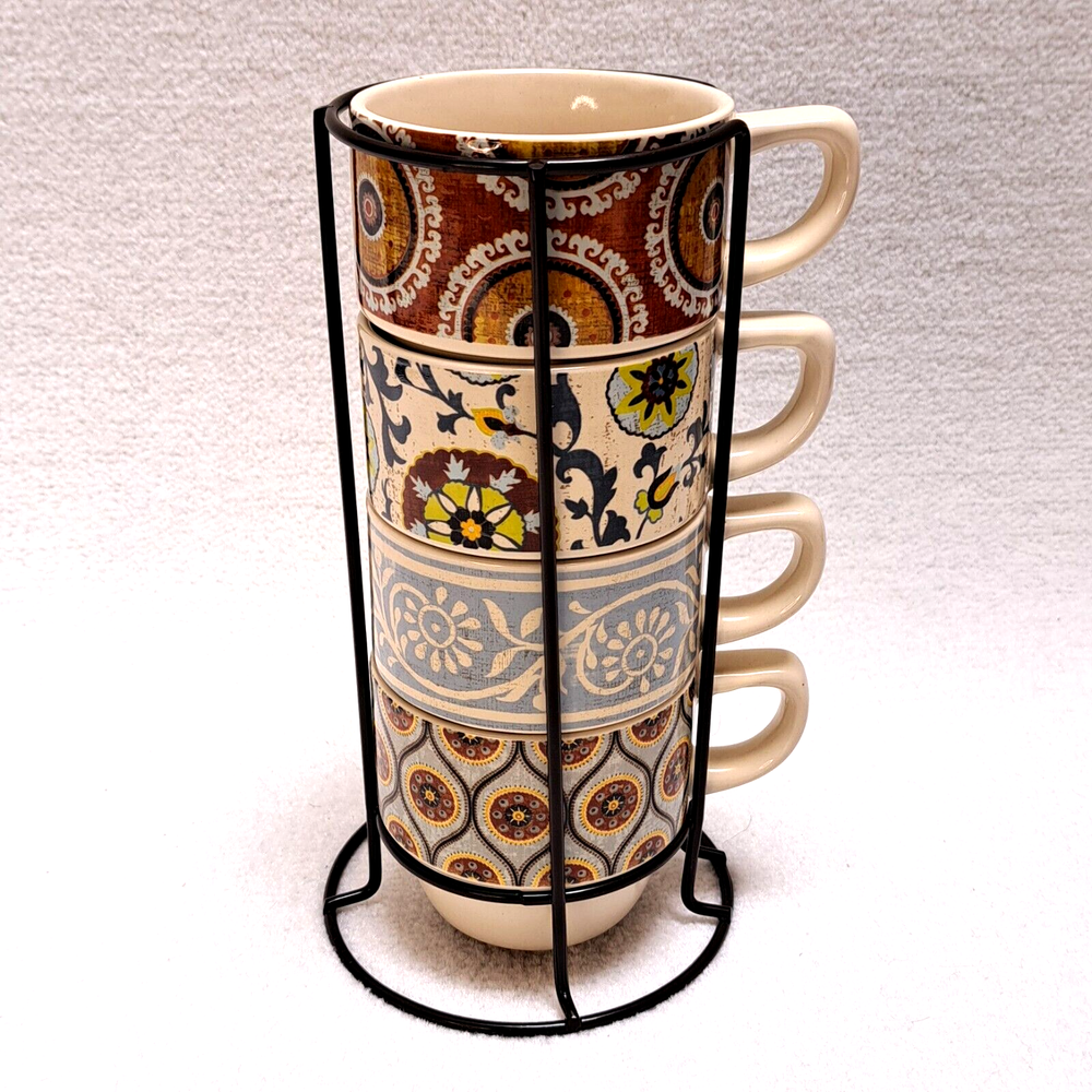 Pier 1 Stacking Coffee Mug Set 4 Rack Paisley-like Pattern Space Saver
