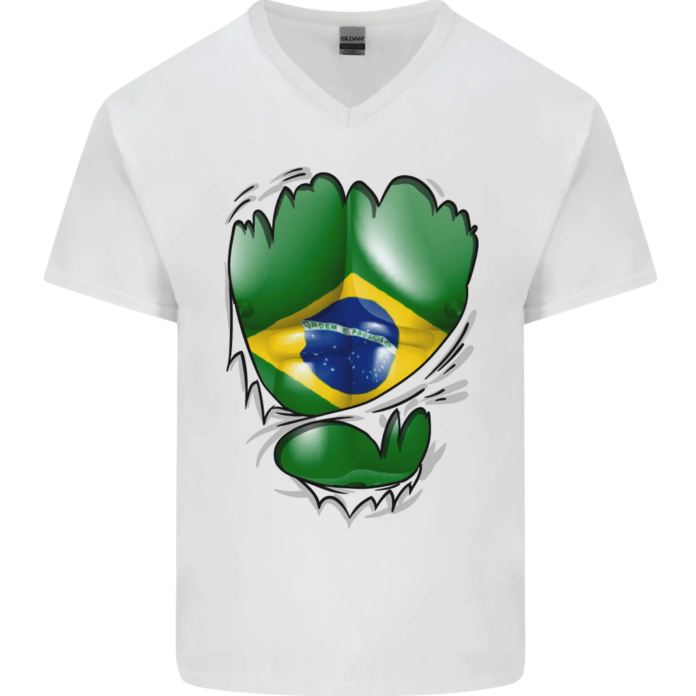 Gym Brazilian Flag Ripped Muscles Brazil Mens V-Neck Cotton T-Shirt