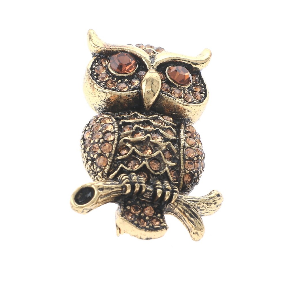 Antique Gold Tone Metal Crystal Rhinestone Owl Brooch P1546-BRN
