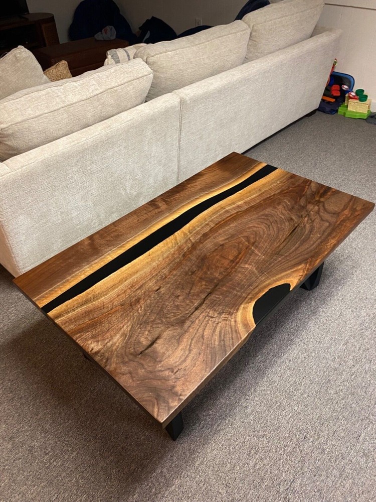 Handmade Walnut Coffee Table with Black Epoxy Mid Century Furniture