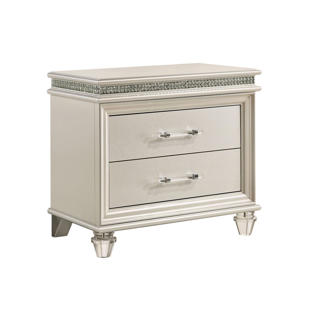 Crystal and Mirror Accents Nightstand w/2 Drawers,Pearl White