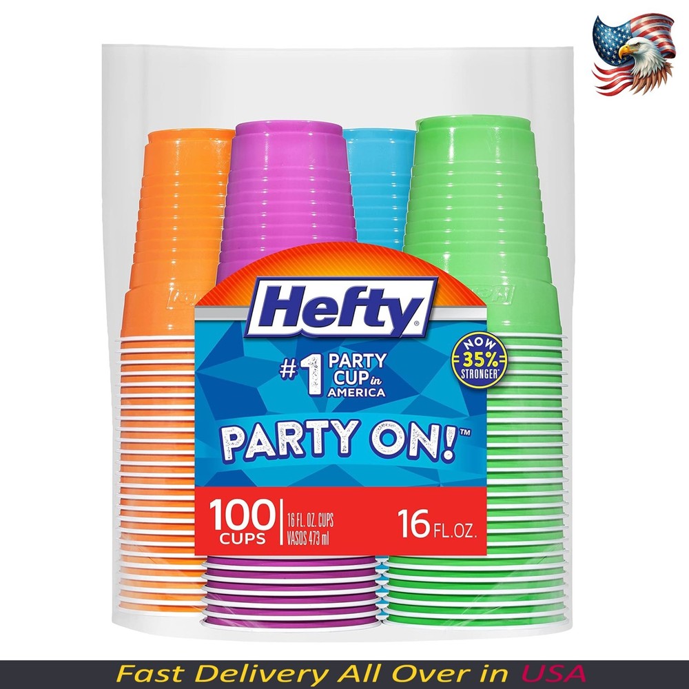 Hefty Party On Disposable Plastic Cups, Assorted, 16 Ounce, 100 Count