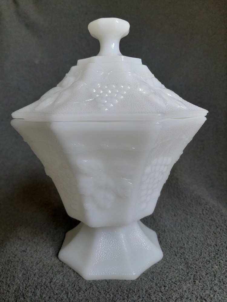 Vintage Octagon Milk Glass Candy Dish with Grape & Leaf Design  