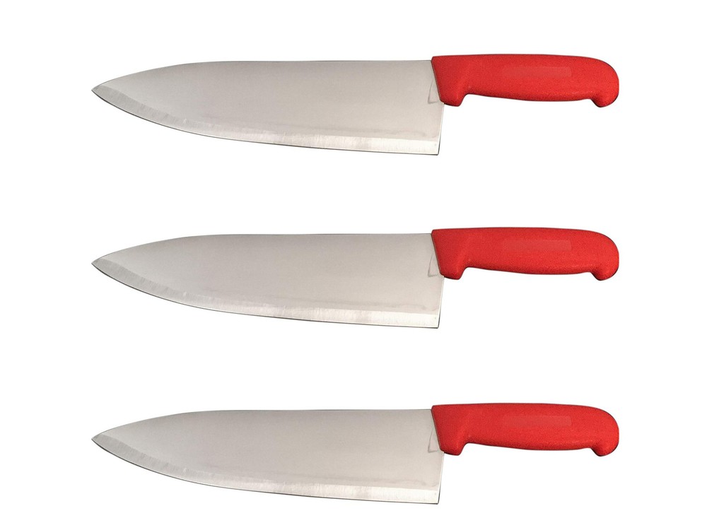 Set of 3 Red 10” French Stainless Steel Chef Knives for Cooking