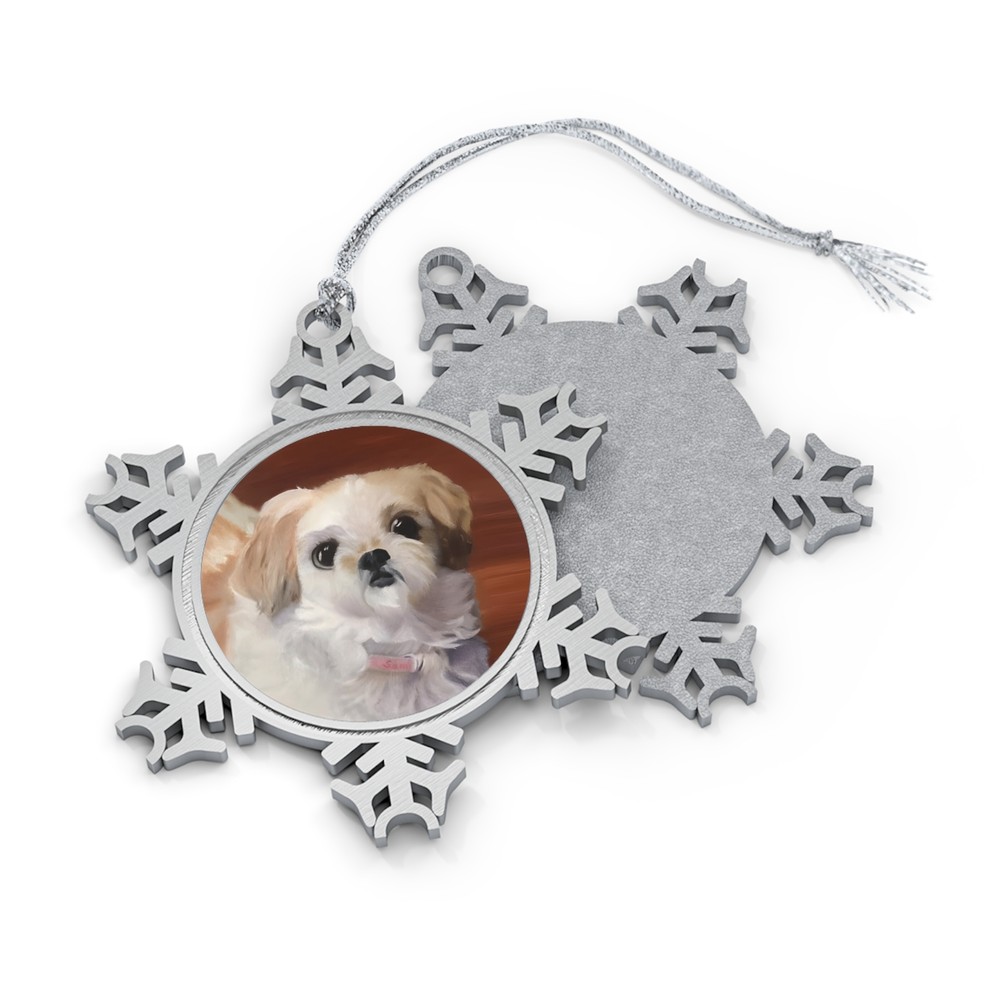 Custom Pet Portrait Pewter Snowflake Ornament - Sami